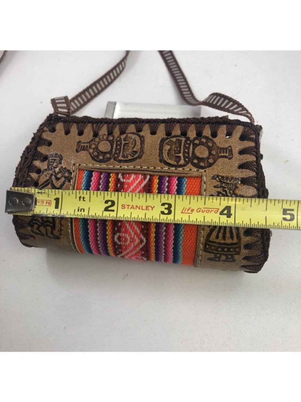 Childs Hand Tooled Leather Purse & Wallet Brown Woven Accent - Picture 3 of 5